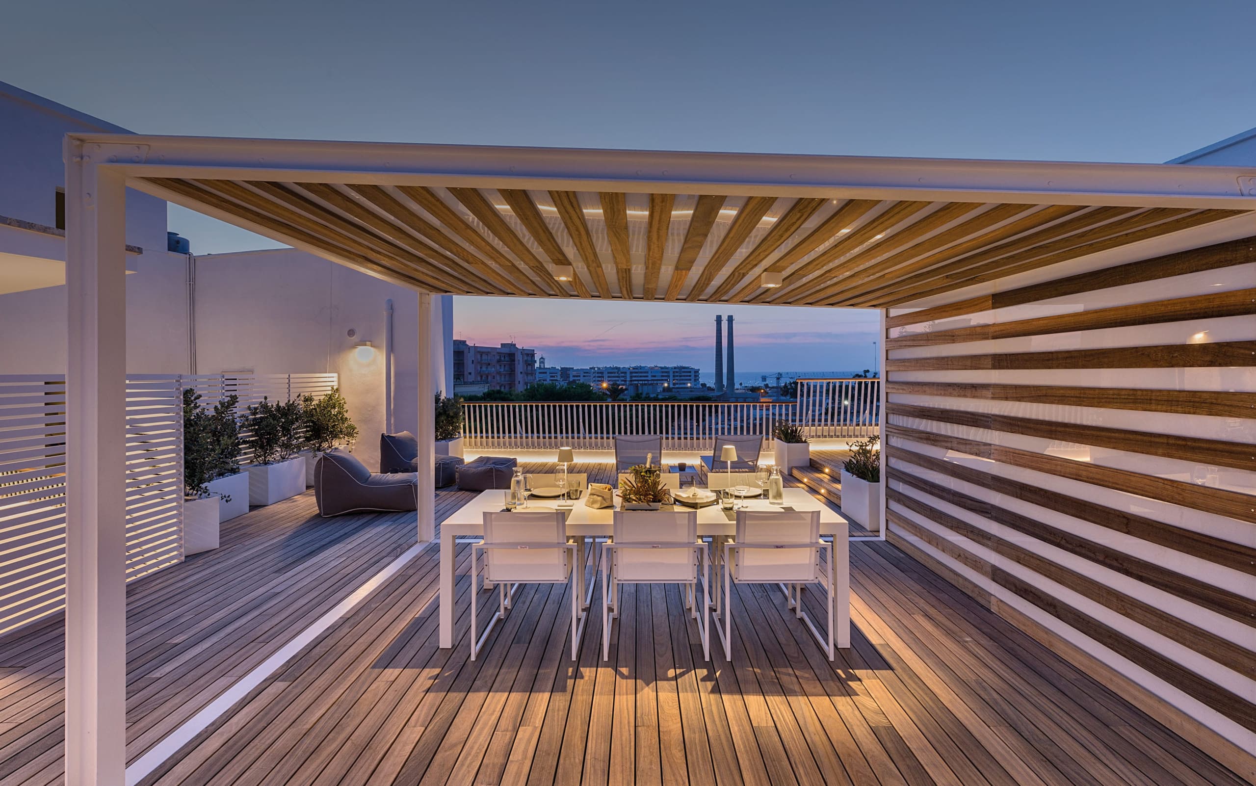 Restaurant with exotic wood decking system without invisible screws in padouk