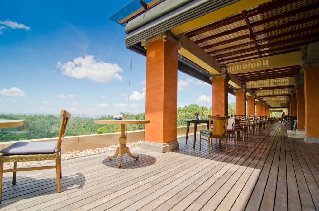 Beautiful view on a restaurant in Bali Indonesia with a wood decking softline merbau by Vetedy