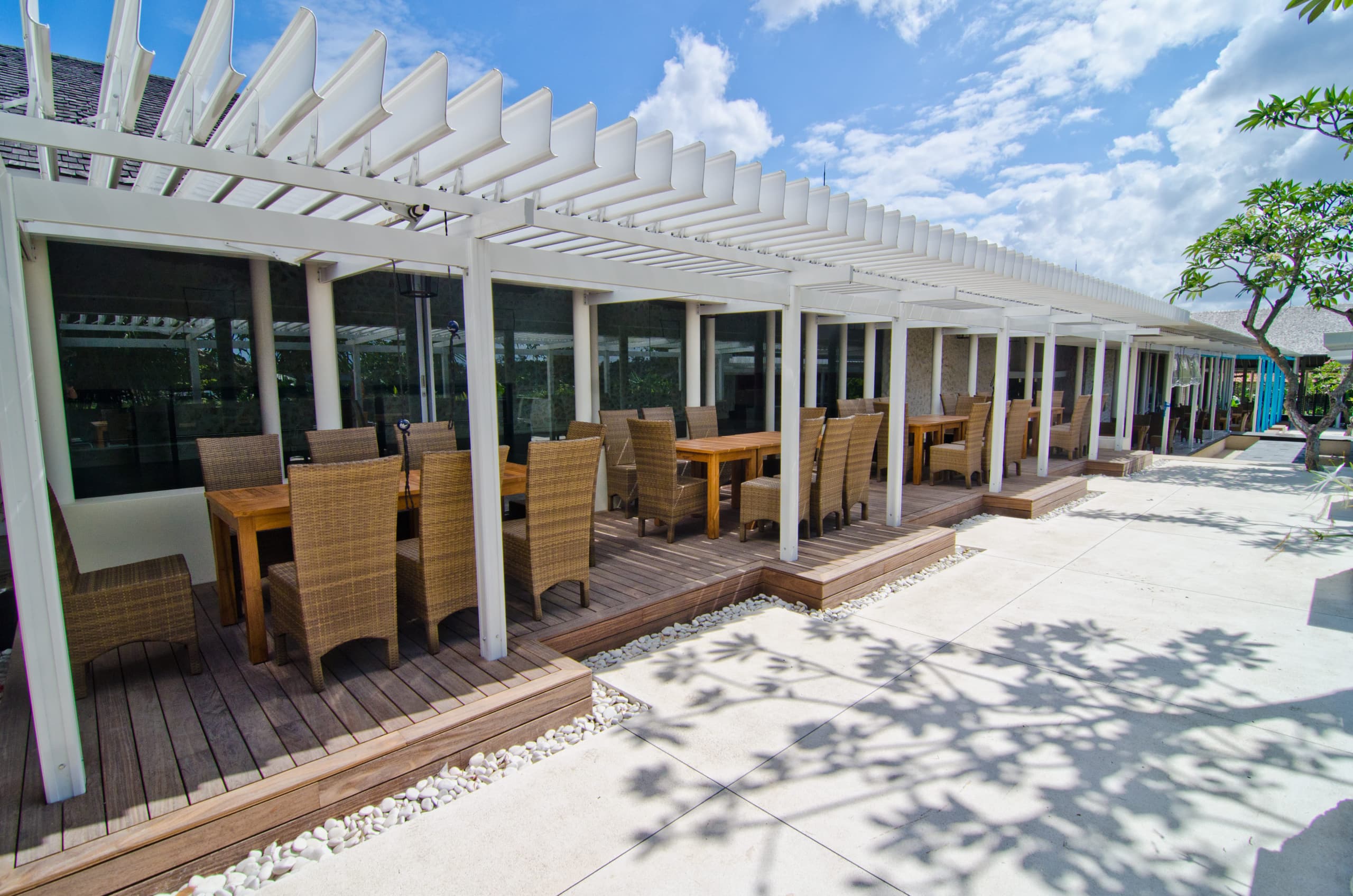 Indonesian Restaurant Slipperystone wood merbau decking with softline system by vetedy with invisible fixations