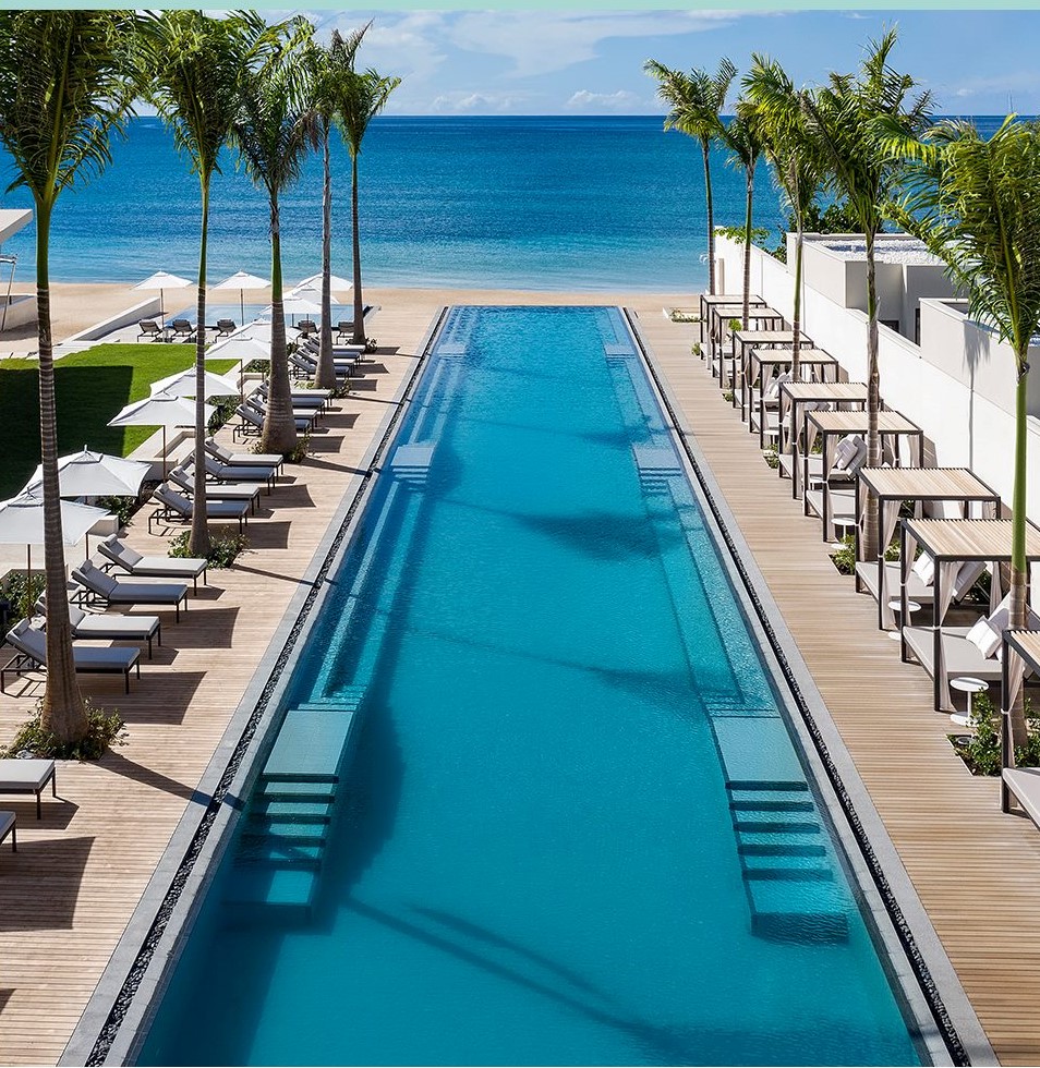 Longue piscine donnant sur mer entourée d'une terrasse Softline Ipé et Teak avec palmier et chaises longues au Silversands Hotel Îles Grenades